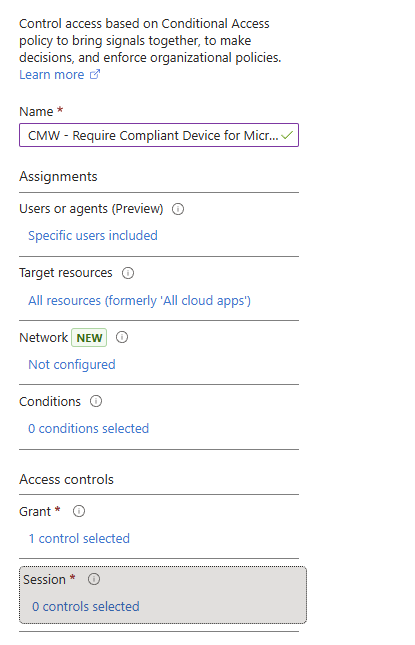 Conditional Access policy configured to require a compliant device for Microsoft 365 access.