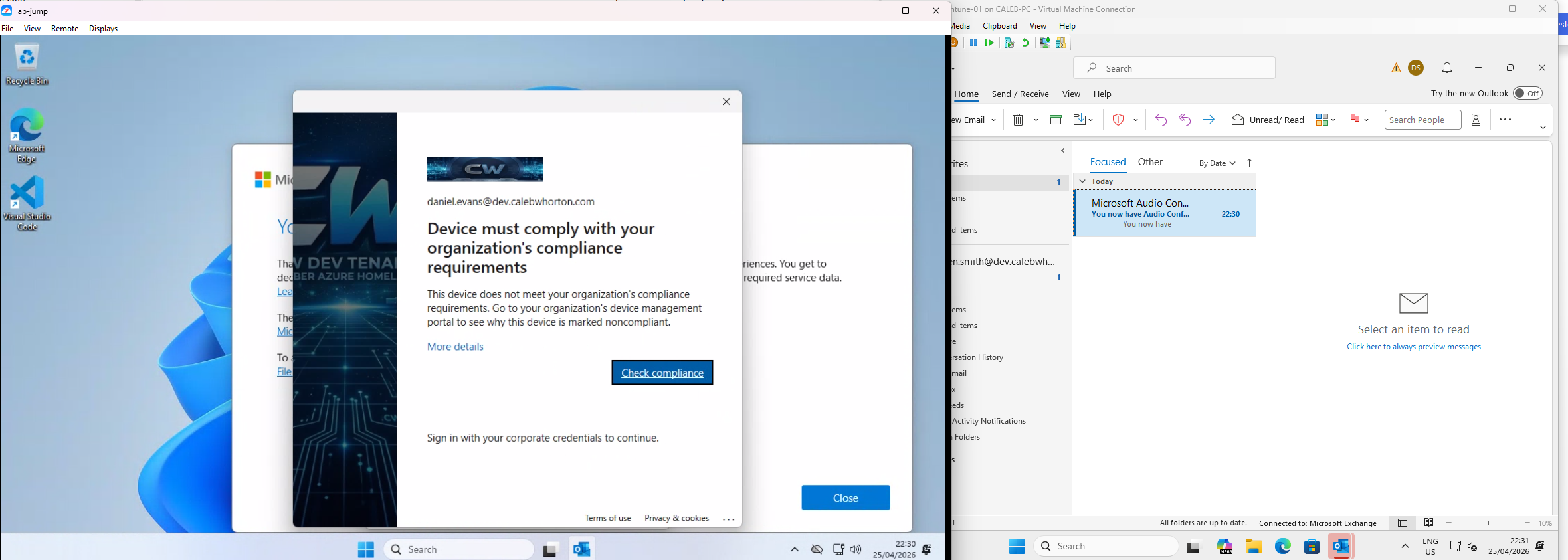 Daniel is blocked on a non-compliant device while Darren can access Outlook on a compliant device.
