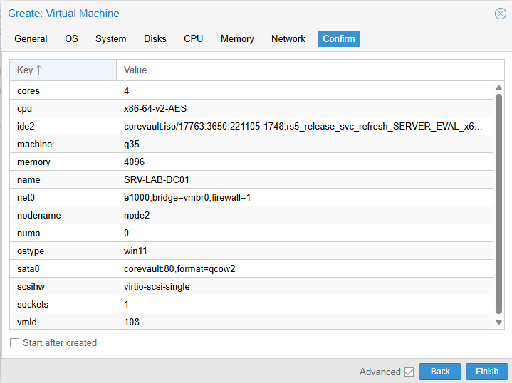 Proxmox VM creation screen